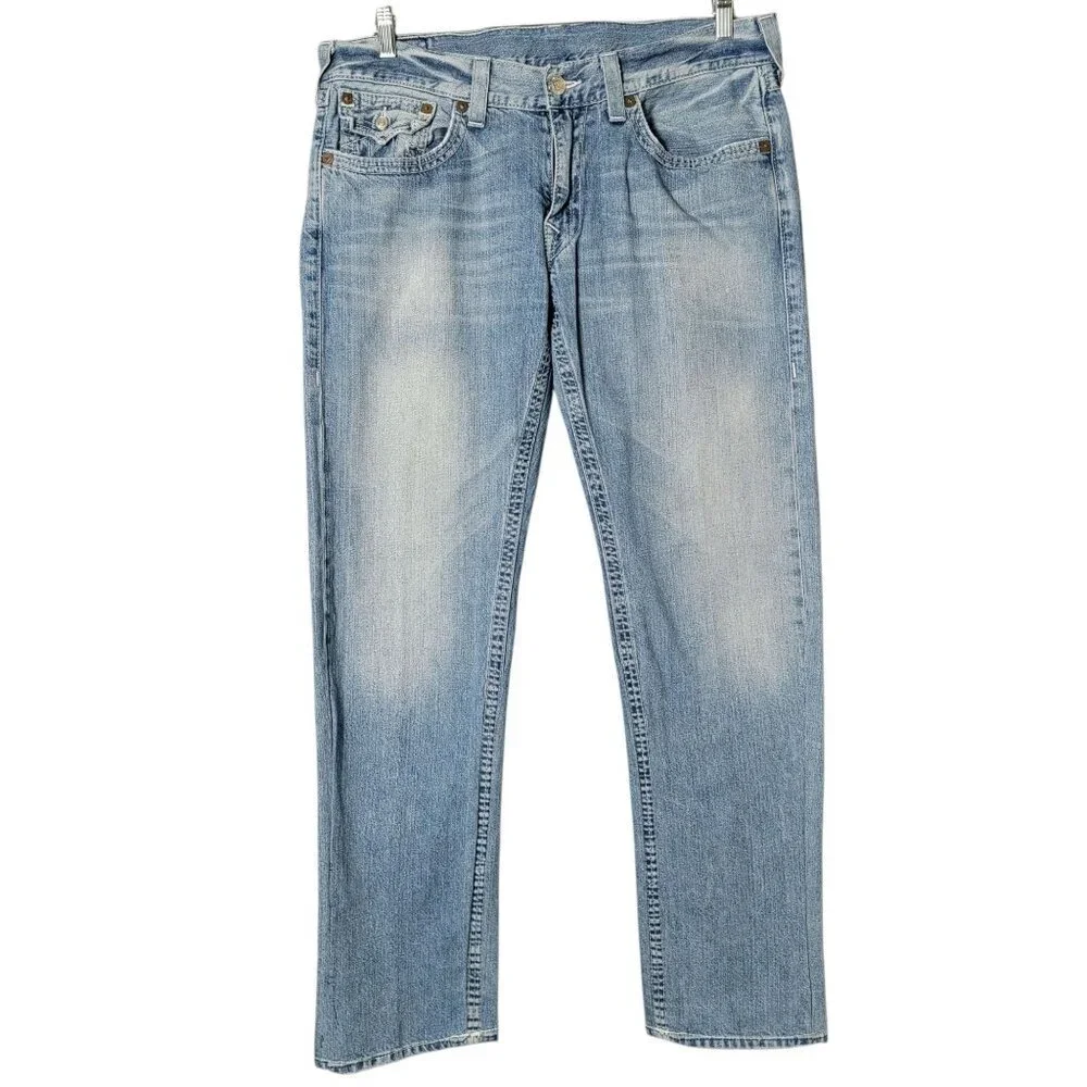 True Religion Mens Y2K Light Wash Boot Cut Flap Pockets Faded Jeans 36 USA